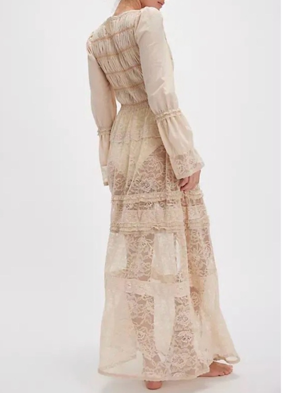 Free People Sheer Lace Tiered Maxi bodysuit duster in Beige. New no tags